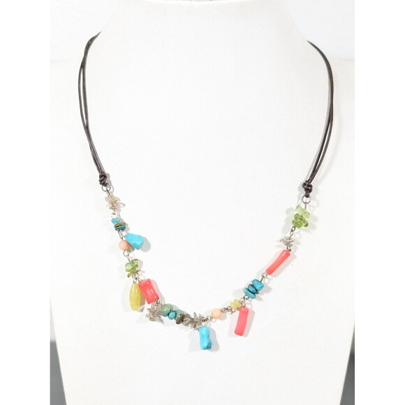 Faux Turquiose Green Stone Chip Coral Cord Necklace Western Boho 18" - Picture 1 of 11